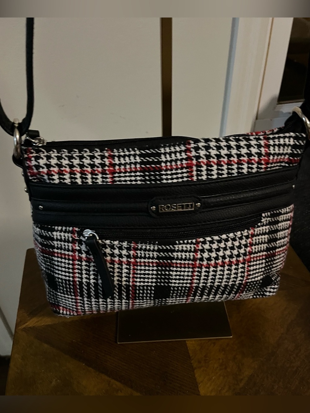 Rosetti Black and Red Houndstooth Crossbody Purse